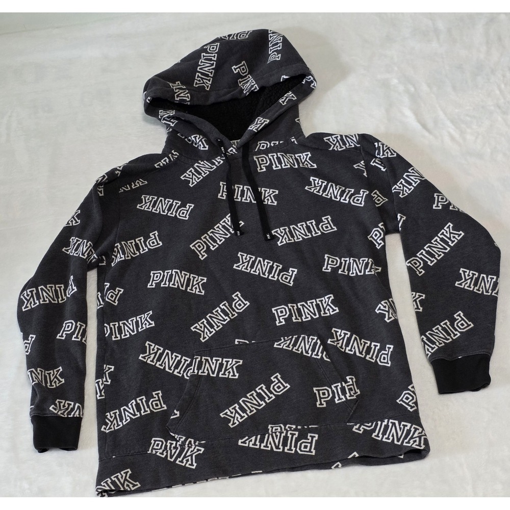 Victoria's Secret PINK Womens XS Campus pullover hoodie spellout sherpa hood